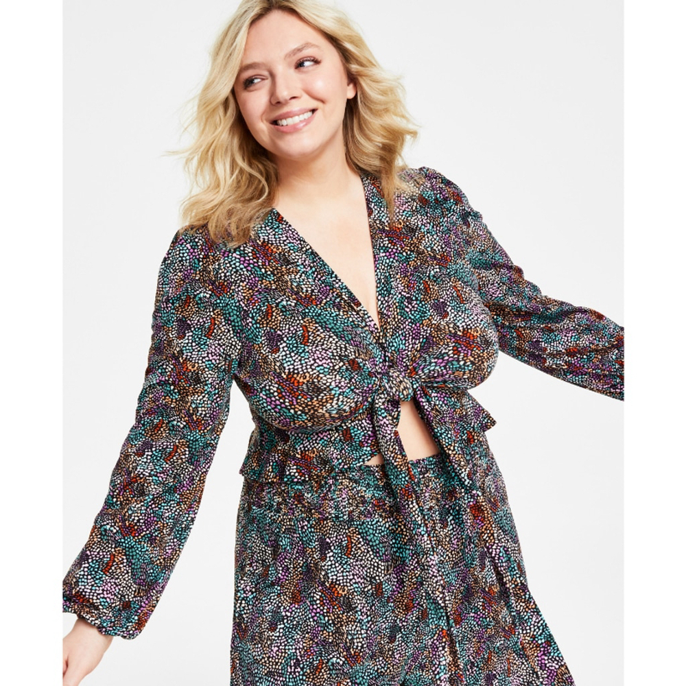 Bar III Women's Plus Size 1X Multi-Colored Tie-Front Ruffle Crop Top NWT